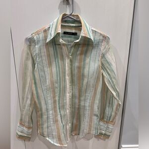 The Limited Ladies Striped Button-Up Shirt in Pastel Green & Beige